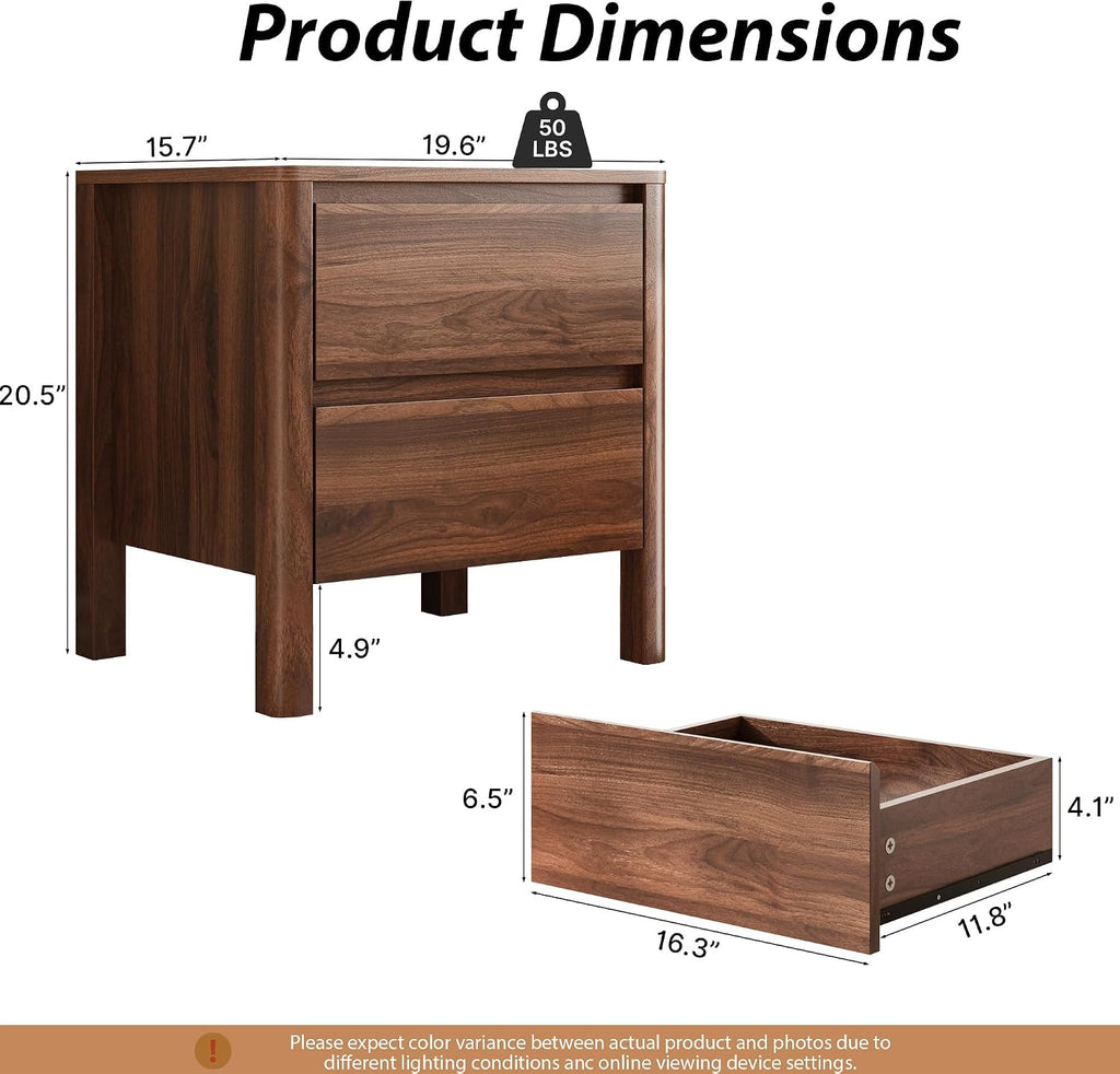 Walnut Nightstands Set of 2, Mid Century Modern Bedside Table with Hidden Handles and Wood Legs, Wooden End Table