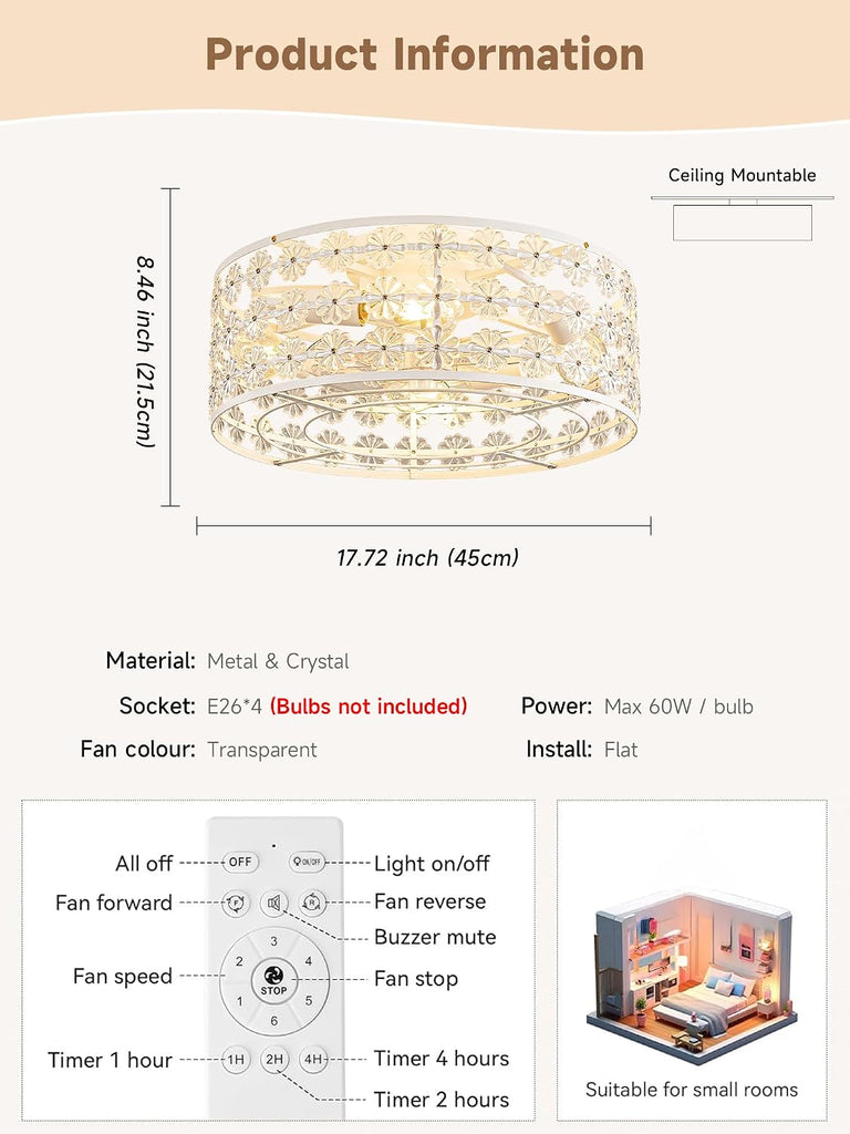 White Caged Ceiling Fan with Light and Remote, Modern Romantic Flower Crystal Ceiling Fans with Lights