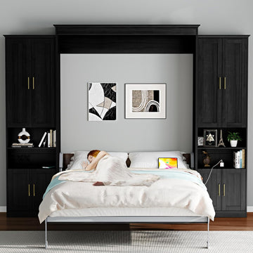 Murphy Bed Queen with 2 Side Cabinet Storage Shelves, Queen Wall Bed Cabinet with USB Port, Wood Foldable Platform