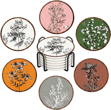 Boho Botanical Art Drink Coasters Set of 6, Round Absorbent Ceramic Coaster, with Metal Holder and Cork Base, Rustic