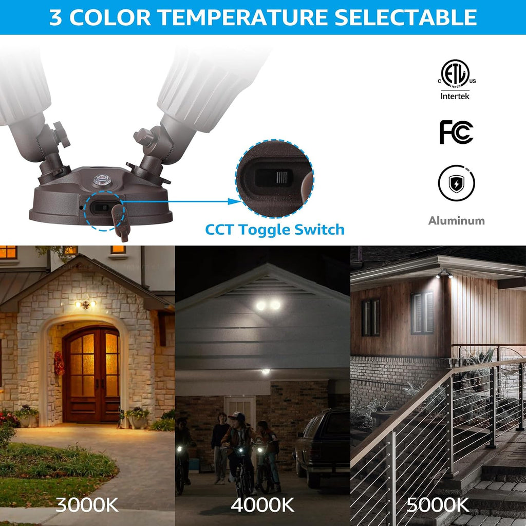 3CCT Dusk to Dawn LED Security Lights with Photocell, Bronze | Adjustable Dual-Head Flood Light Outdoor