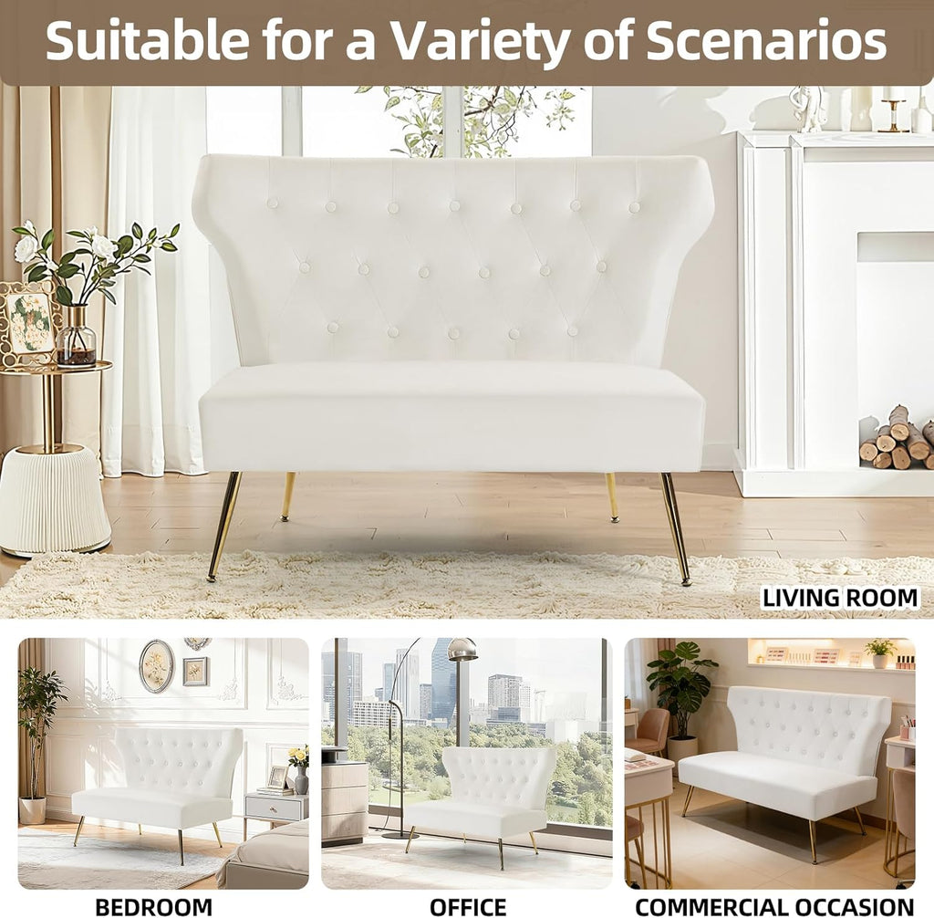 40 Inch White Velvet Loveseat, Armless Button-Tufted Couch with Gold Legs - Compact Modern Sofa