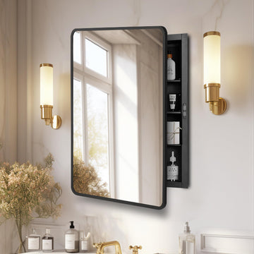 16x24 Medicine Cabinet with Mirror, Black Metal, Recessed or Surface Mount