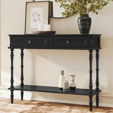 Console Table with 2 Drawers-Minimal Assembly,Black Retro Entryway Table with Storage Cabinets and Open Shelf,Narrow