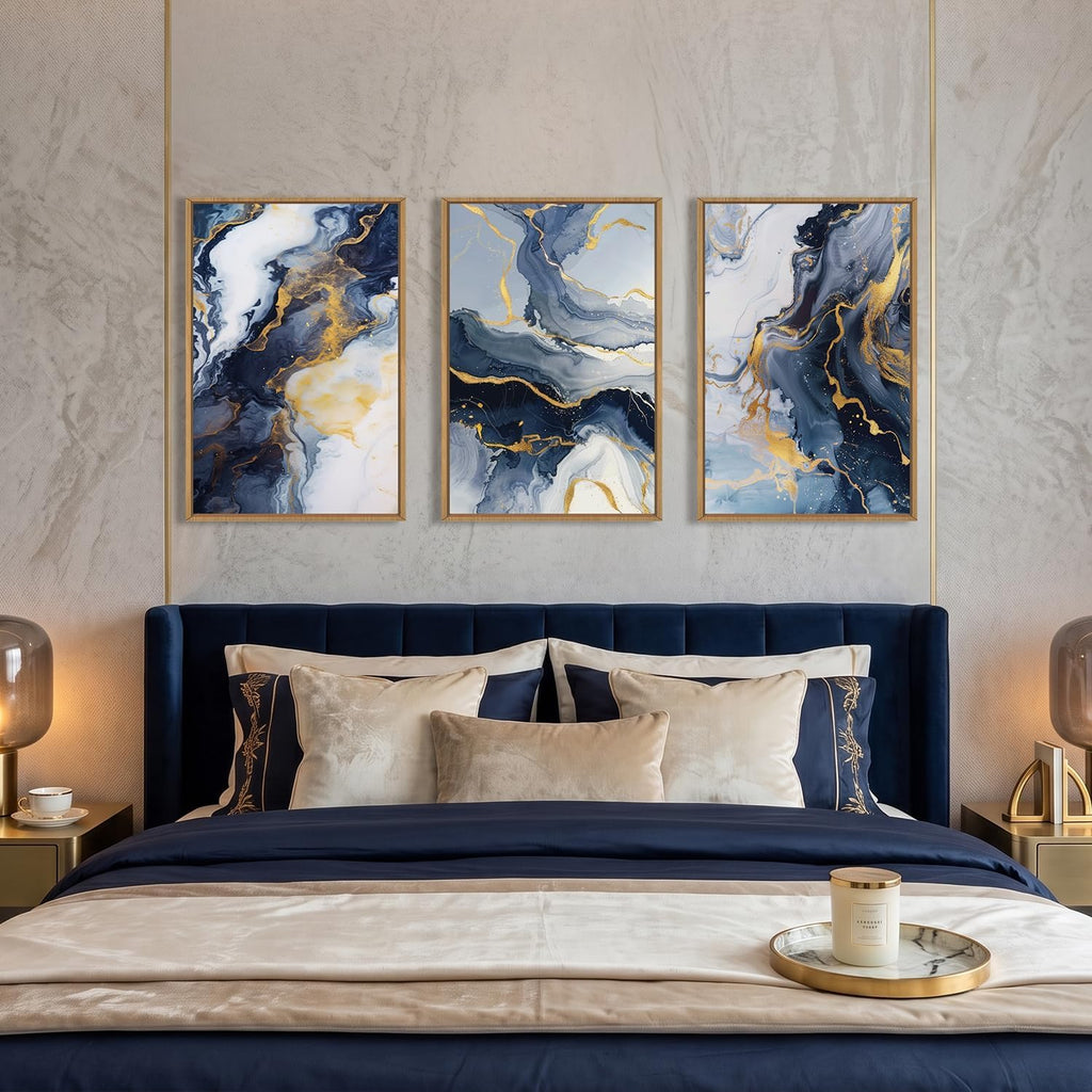 Abstract Navy Blue and Gold Framed Canvas Wall Art Set-16"x24"x3
