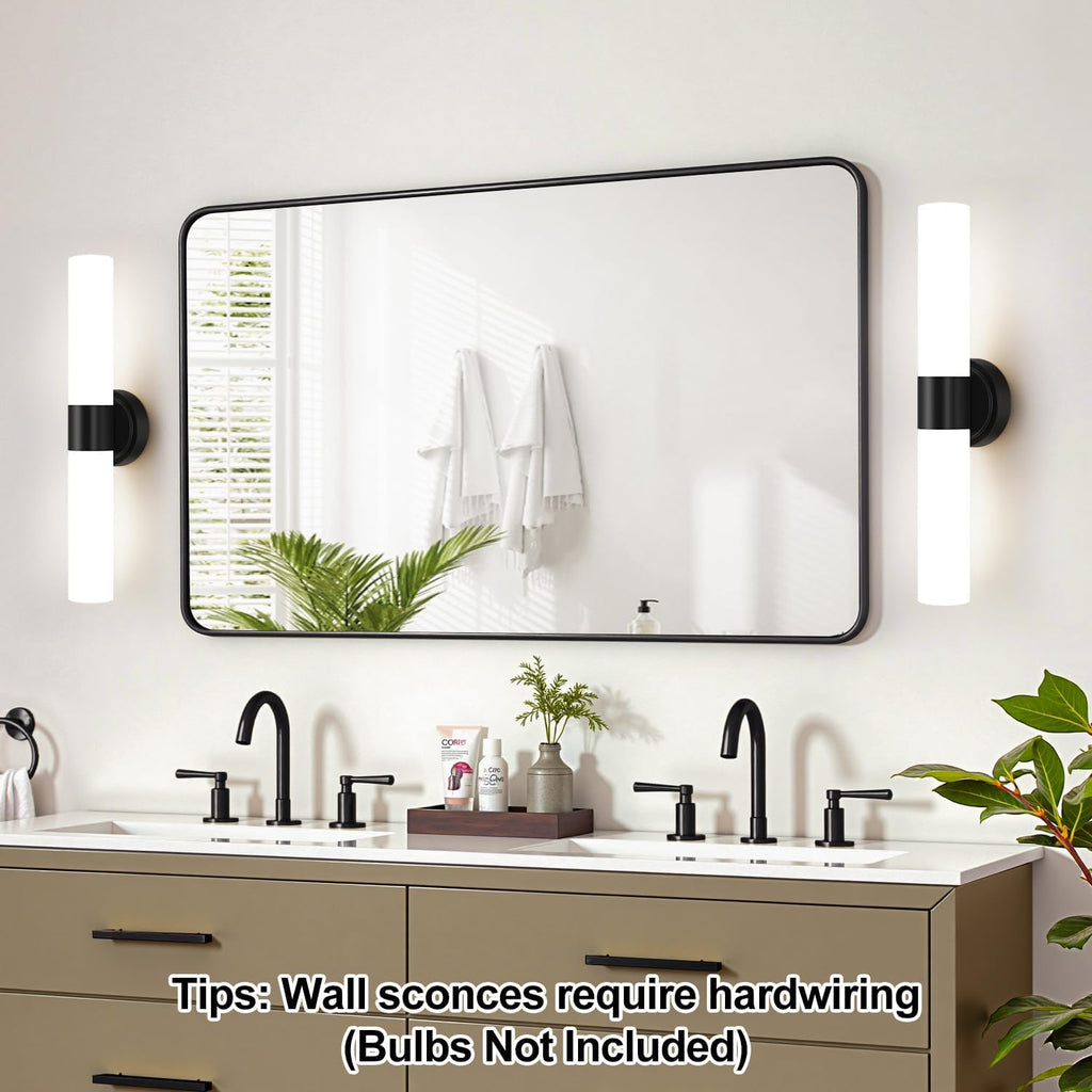 Wall Sconces Set of Two, Modern Bathroom Sconces Wall Lighting with Milky White Glass, Matte Black Sconces Wall Decor
