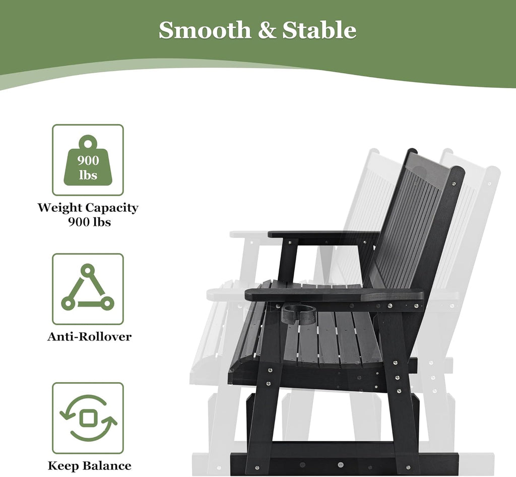 Patio Glider Two-Seat with Cup Holders, Durable HIPS Material, All-Weather Resistant, High Backrest and Deep