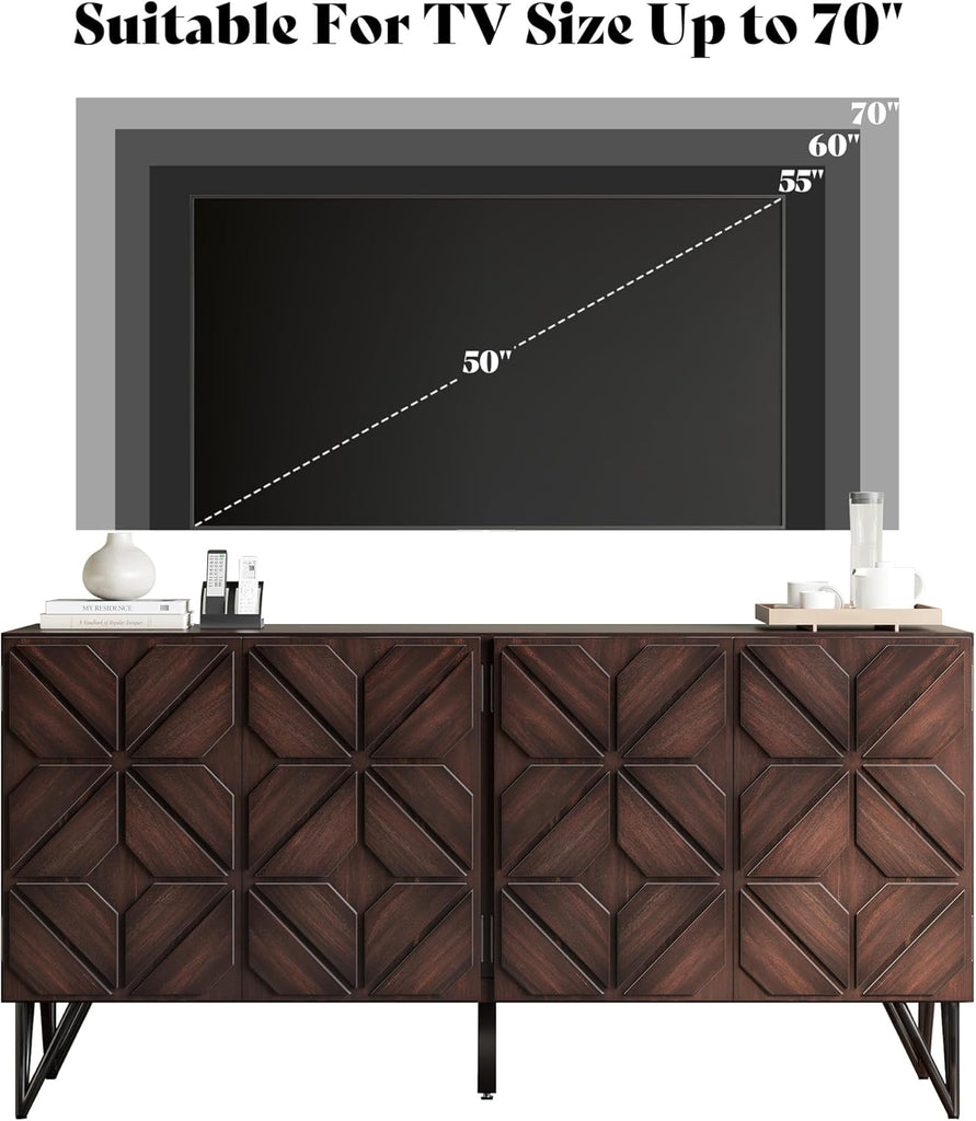 63” Solid Acacia Wood Sideboard Buffet Cabinet, Hand-Carved Geometric Door Console with Adjustable Shelves for Hallway