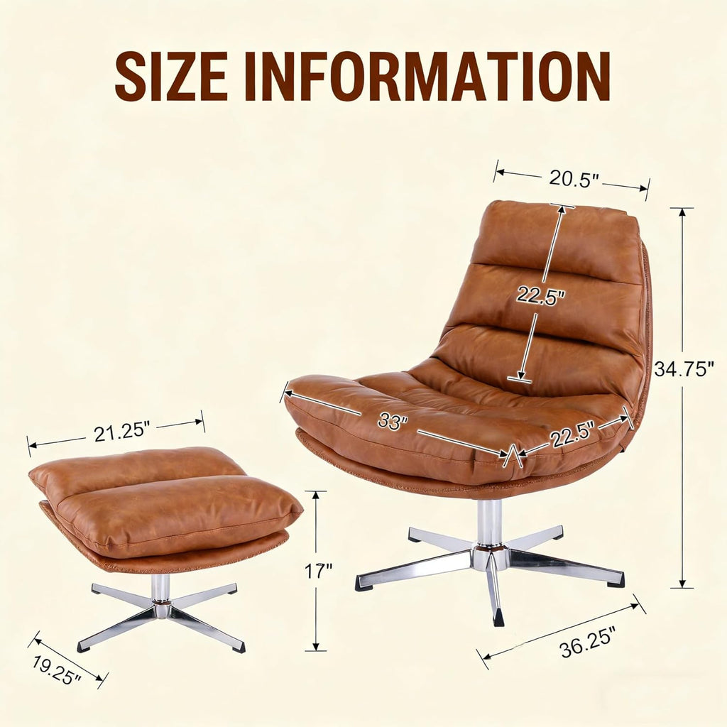 Modern Reading Chair and Ottoman — Brown PU Leather