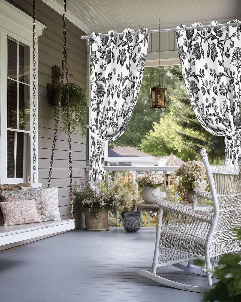 Outdoor Curtains Waterproof, Vintage Black Floral Farmhouse Flower Pastoral Style Grommet Weatherproof Privacy