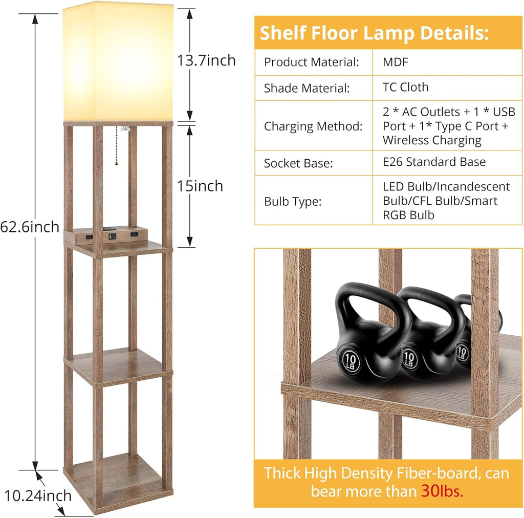 Modern Shelf Floor Lamp with Wireless Charger & Fast Charging USB Ports & Type C Port & 2 Power Outlets