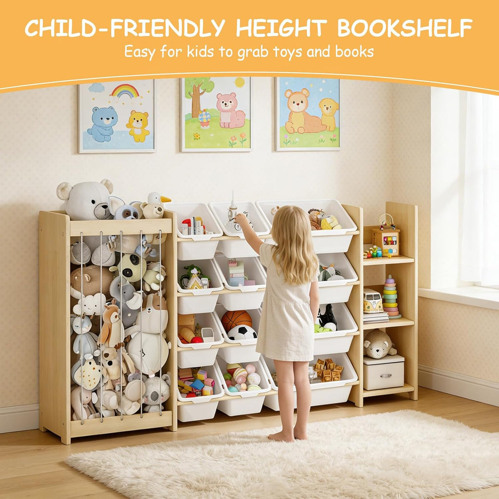 3-in-1 Toy Storage Organizer, Stuffed Animal Holder & 3-Tier Bookcase, Solid Wood Toy Organizer with 12 Storage Bins