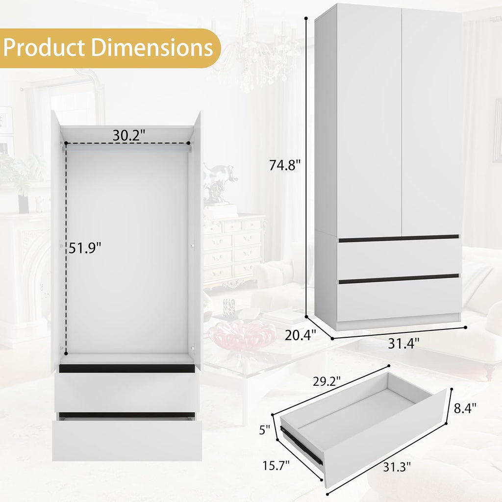 White Wardrobe Closet with Doors: 75" Large Capacity Bedroom Armoire, Wooden Cabinet with 2 Drawers, Hanging Storage