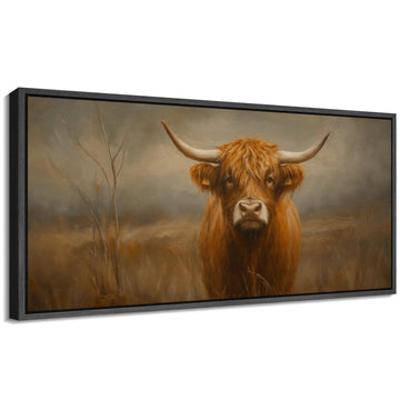 Extra Large Framed Canvas Highland Cow Portrait Rustic Farmhouse Illustrations Modern Art Calm Warm - 60"x30"