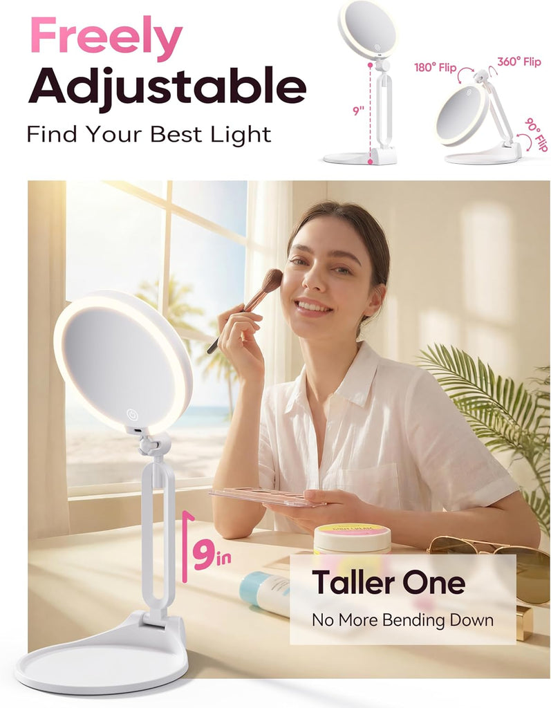 Travel Makeup Mirror with Lights 2026 New, 1X/5X Magnification Double Sided Lighted Mirror, 3 Color
