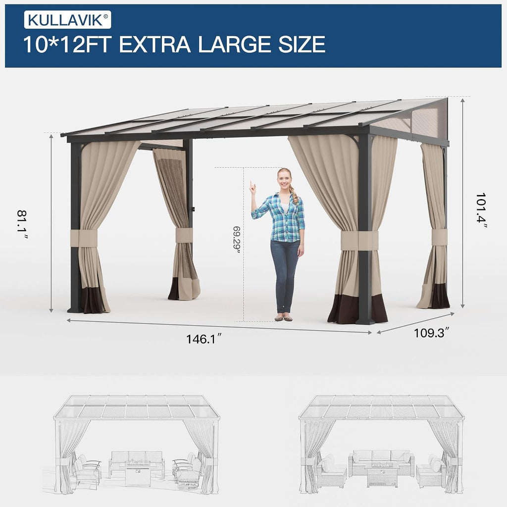 10' × 12' Hardtop Gazebo Wall-Mounted Lean to Gazebo Pergola with Sloping Roof and Durable Aluminum Frame,Large Heavy