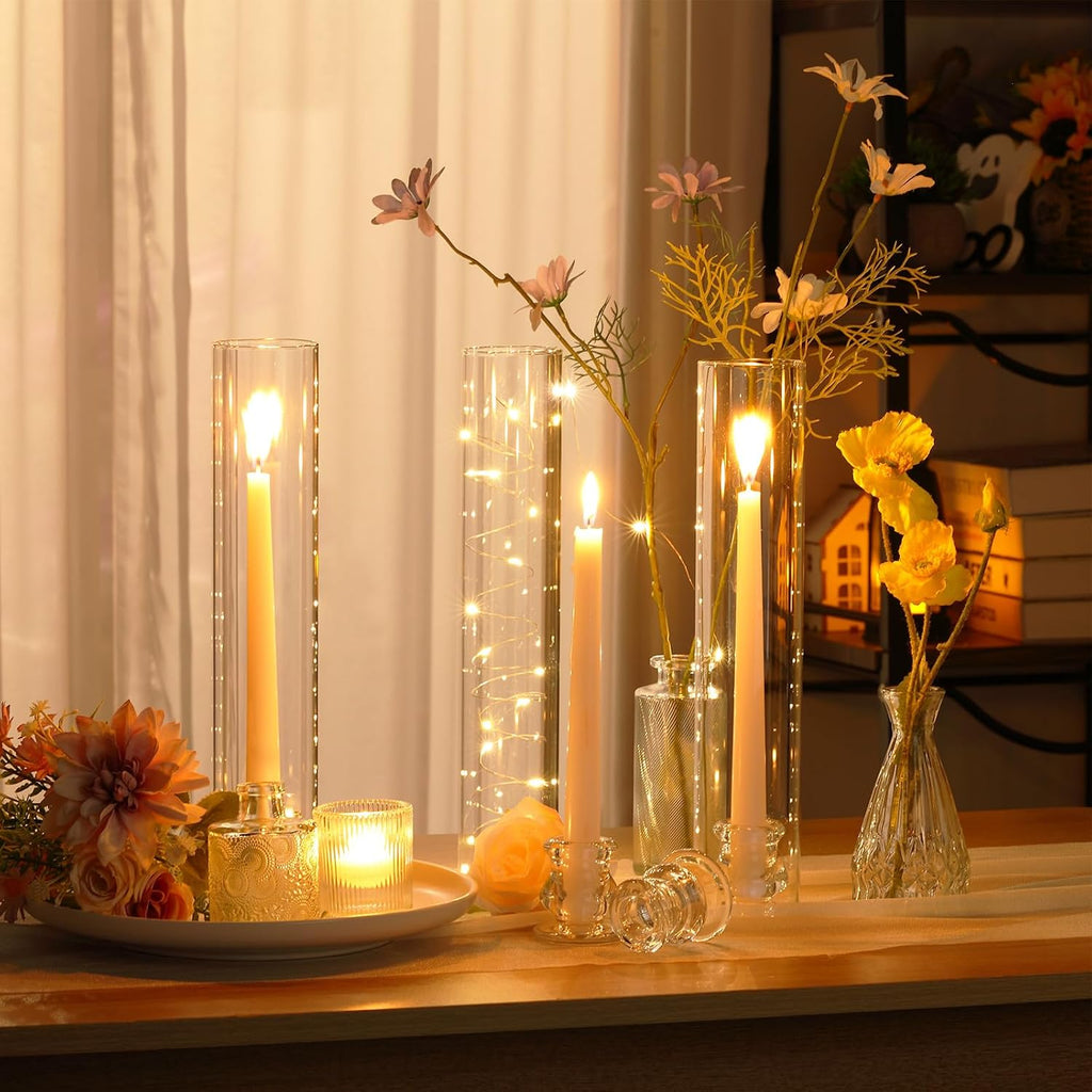 Glass Hurricane Candle Holders Candlestick Bulk 12.6",Clear,36 Set | 2.2" Taper Clear Candlestick Holders, Open Ended