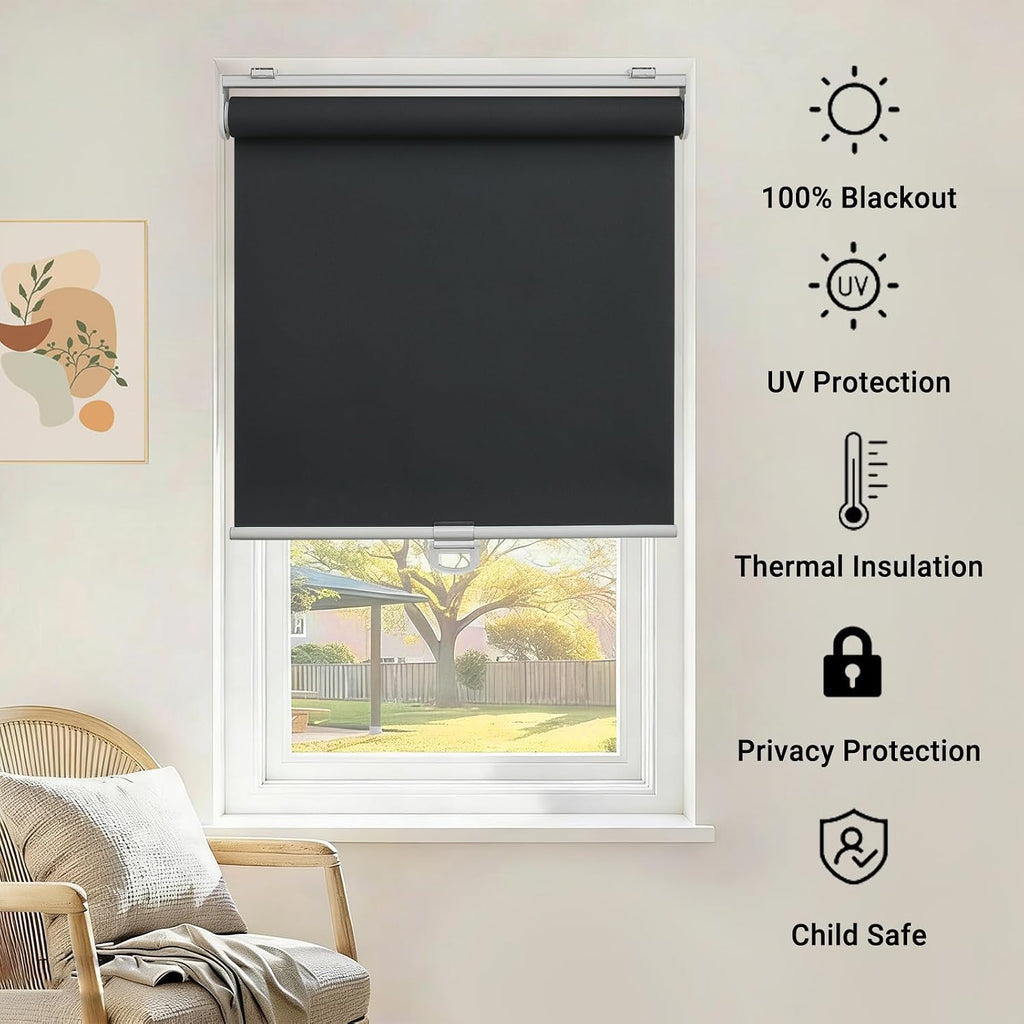 100% Blackout Indoor Cordless Roller Shades for Windows,Room Darkening Rolled Up Blinds with Spring System,Thermal