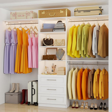 Closet System with 3 Wood Drawers, 5-8FT Closet Organizer System with Cuttable Shelves for Walk in Closet with 3