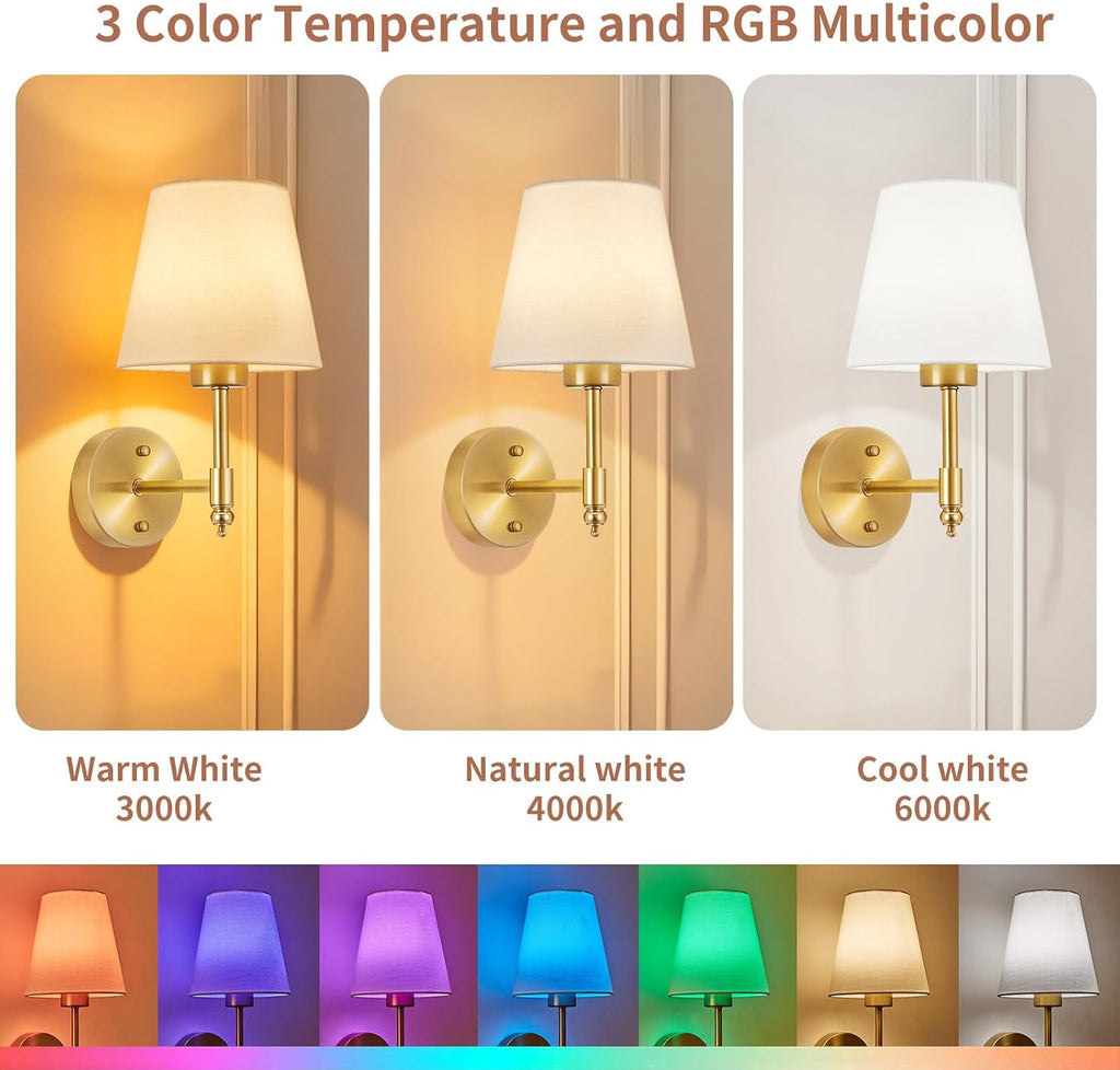 Battery Operated Wall Sconce Set of 2, Rechargeable Wireless Wall Lights with fabric Lampshade, 5200mAh Dimmable