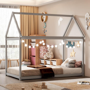 Tw Bed, Wood Montessori Bed Frame with House Roof Canopy, Low Floor Bed with Sturdy Wood Slat Support, No Box Spring