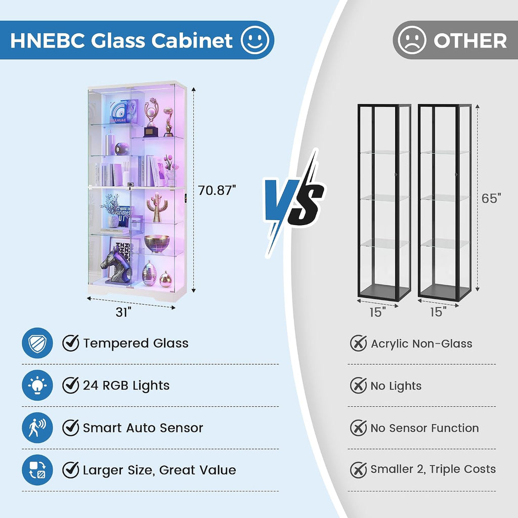RGB Lighted Display Cabinet with Glass Doors, Frameless - White | 10-layers Shelves; 71inch Tall; Locking Showcase; 5