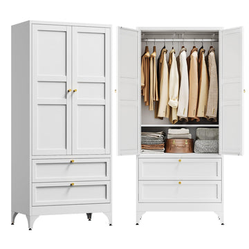 71" Metal Wardrobe Cabinets with 2 Drawers, Steel Armoire Wardrobe Closet with Doors and Shelves, Clothing Storage