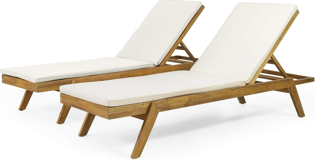 Outdoor Chaise Lounge Chair Set of 2, Acacia Wood Lounge Chair with 5-Position Adjustable Back and Cushion, Patio