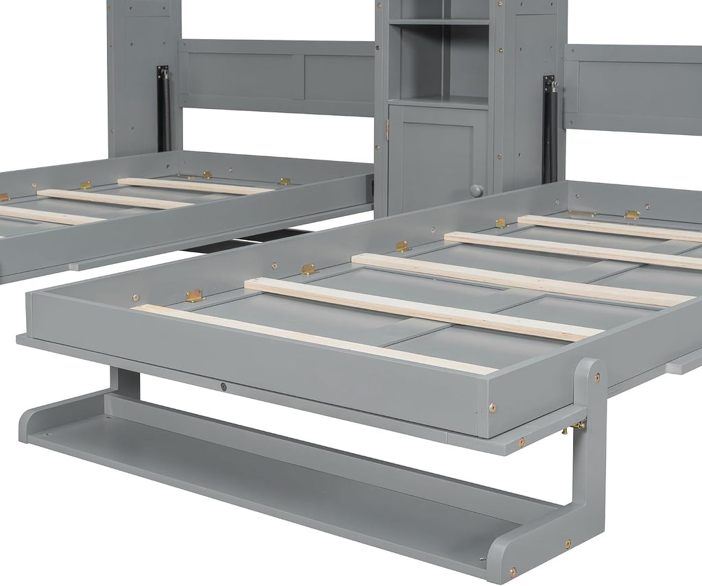 Dual Twin Murphy Beds with Storage Shelves and Cabinets, Pine Wood Space-Saving Hideaway Double Murphy Wall Beds with Storage,Support Legs and Slats
