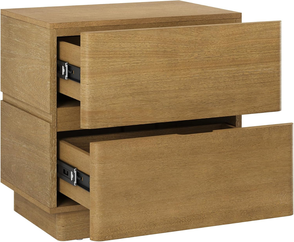 Rivelle Modern Contemporary Nightstand with Drawer, Minimalist Solid Wood Bedside Table with 2 Drawers, Light Brown