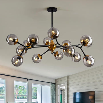 15 Light Sputnik Modern Large Chandelier, Mid Century Black and Gold Metal Ceiling Light Fixture with Glass Globe,Pendant Light Hanging for Dining Room Kitchen Living Room Bedroom Foyer