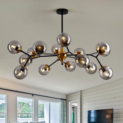 15 Light Sputnik Modern Large Chandelier, Mid Century Black and Gold Metal Ceiling Light Fixture with Glass Globe,Pendant Light Hanging for Dining Room Kitchen Living Room Bedroom Foyer A116-B0B4J7L5TK