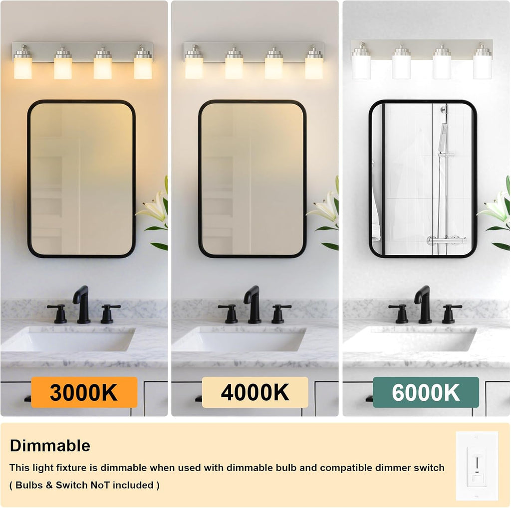 Bathroom Vanity Light Fixture, 4-Light 30 Inch Brushed Nickel Bathroom Light Fixtures Over Mirror, with White Glass