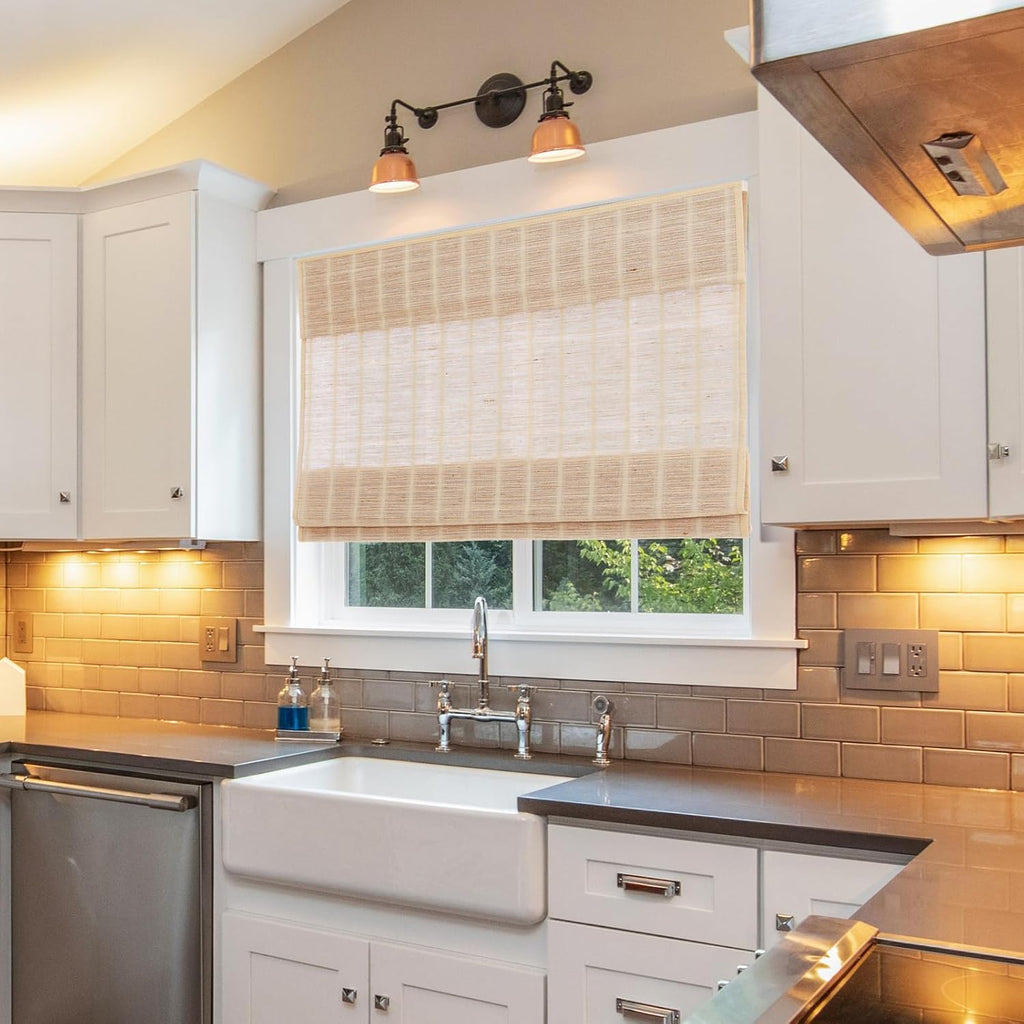 Cordless Bamboo Roman Shades for Windows with Borders, Natural Woven Wood Shades with 6 Inches High Valance, Custom
