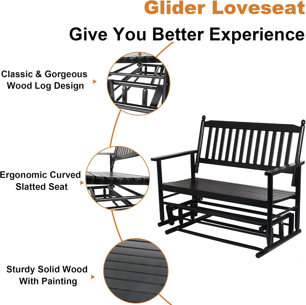 Patio Glider Bench Outdoor, Porch Swing Glider for Outside, Wooden 2-Person Loveseat Rocking Bench Funiture, Black