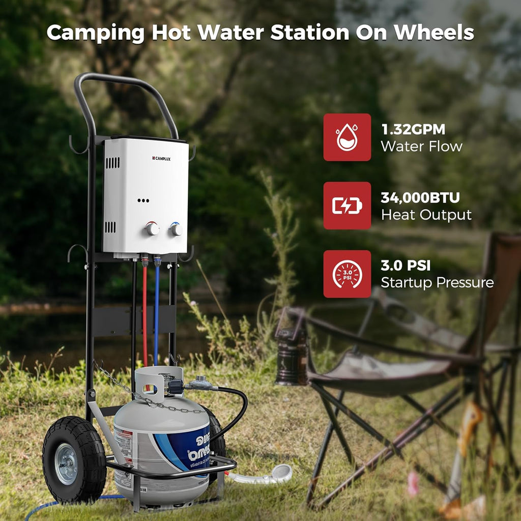 5L Portable Tankless Water Heater, 1.32 GPM Outdoor Propane Shower for Camping, RV, Off-Grid