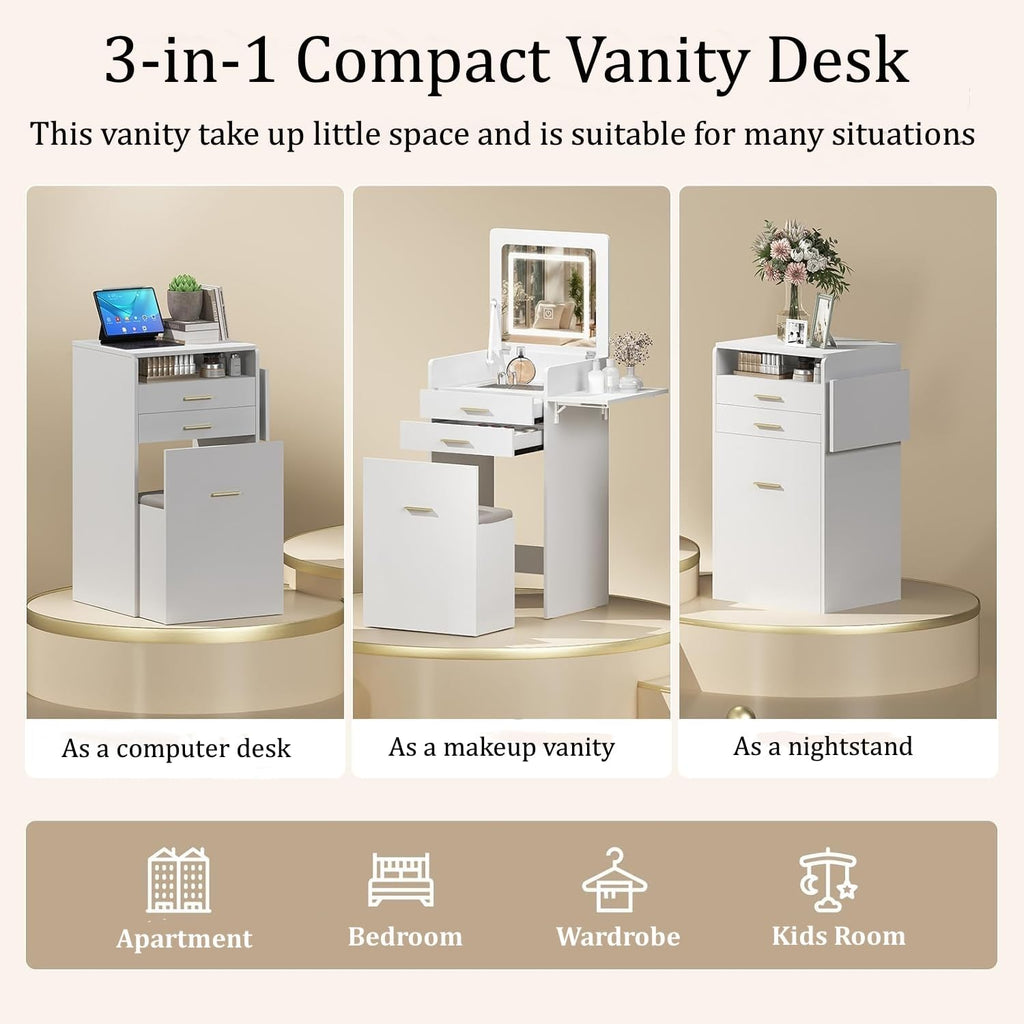 Small Vanity with Chair 3 in 1 Vanity Desk with Flip Top Mirror | White Small Makeup Table Set with Fold-up Panel &