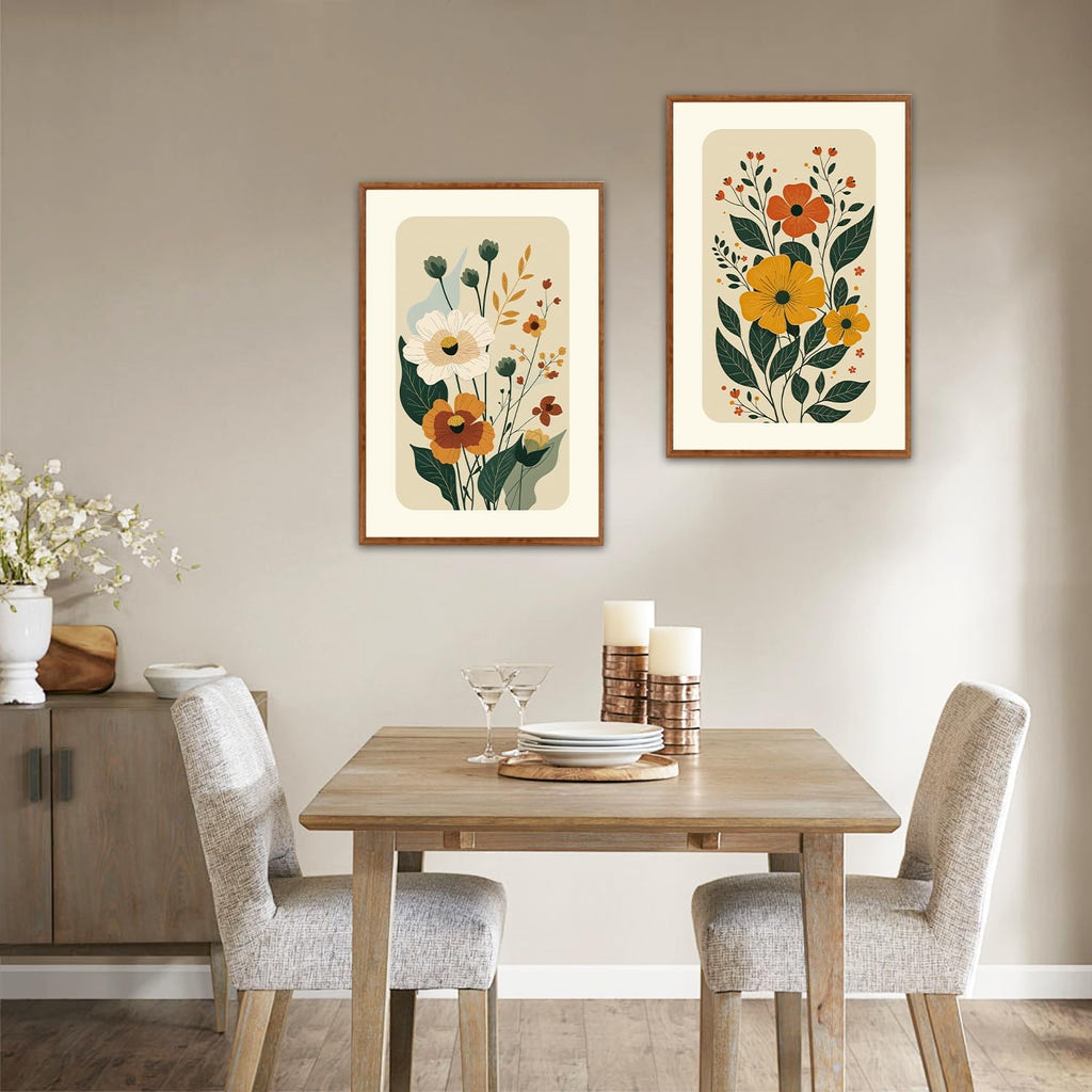 Boho Floral Botanical Framed Canvas Wall Art Set,Abstract Vintage Beige Wall Decor,Minimalist Wildflowers Artwork