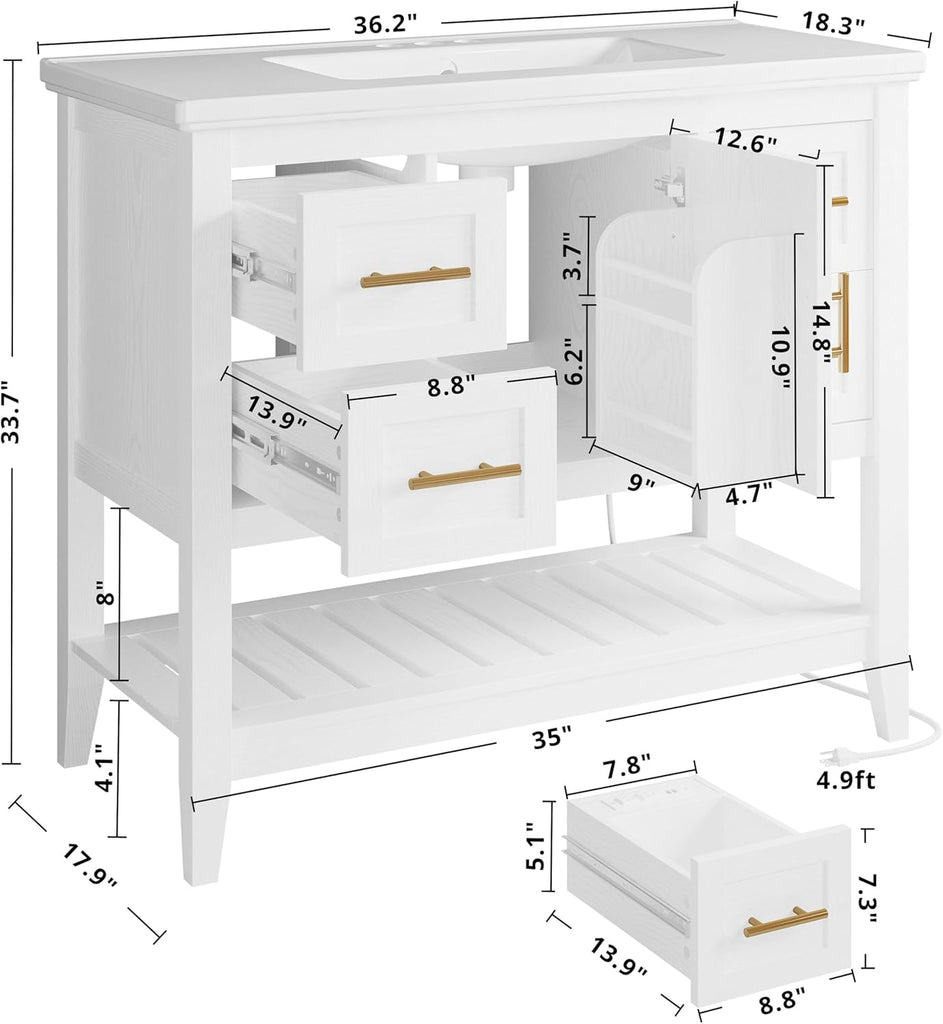 Bathroom Vanity with Sink, 36" Modern Undermount Bathroom Sink Cabinet with 4 Drawers&Open Shelf, Vanity Sink with Charging Station and Door Shelves, White