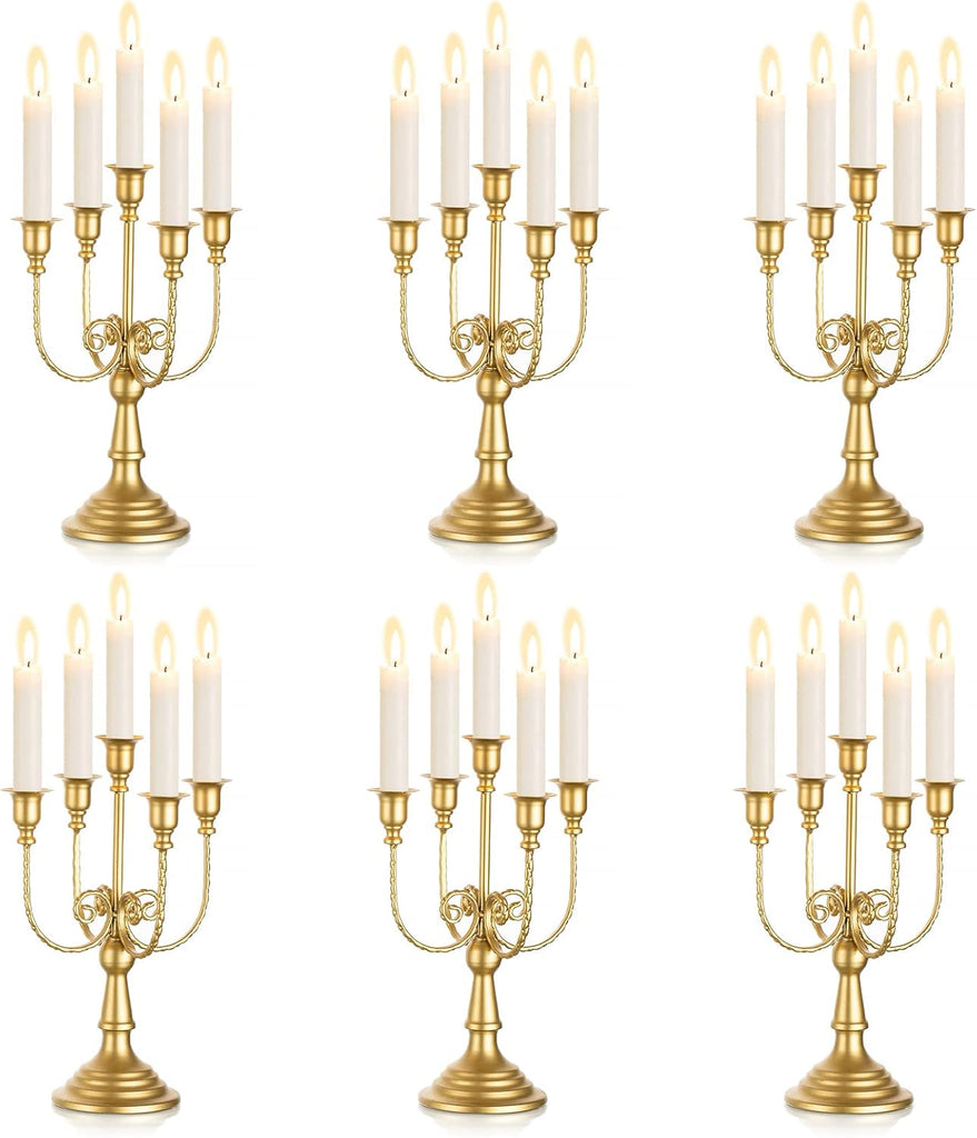 Candelabra Candle Holder Gold Set of 6-5-arm Metal Candlestick Holders for Taper Candles for Centerpieces Table