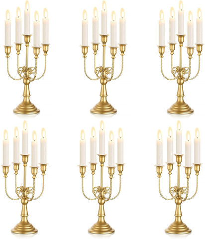 Candelabra Candle Holder Gold Set of 6-5-arm Metal Candlestick Holders for Taper Candles for Centerpieces Table