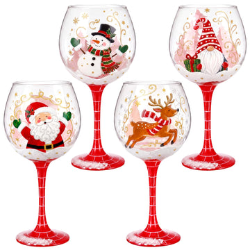 4 Pcs 16.8 oz Christmas Wine Glasses Hand Painted Xmas Drinking