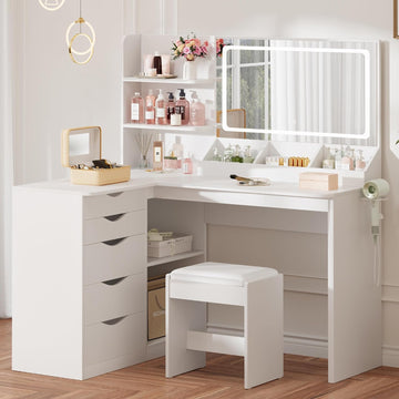 Vanity Desk with Mirror, L Shape Vanity, LED Lighted Mirror, with Fast Charging Power Outlet and 3 Storage Shelves