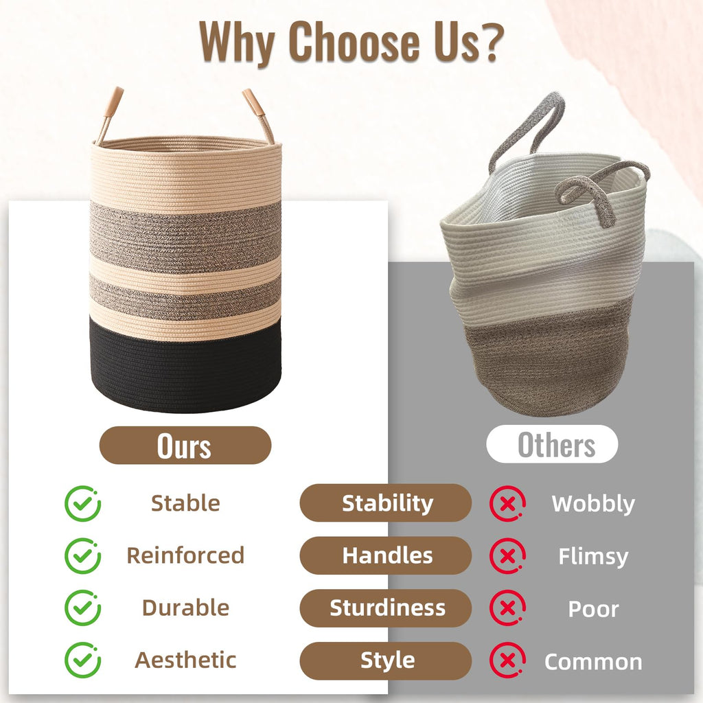 Large Laundry Basket, Laundry Hamper with Leather Handles, 90L Woven Dirty Clothes Hamper, Rope Hampers, Barthroom