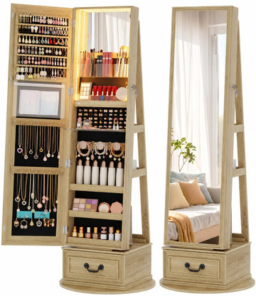 Mirror Jewelry Cabinet with Lights, Full Length Mirror and Storage
