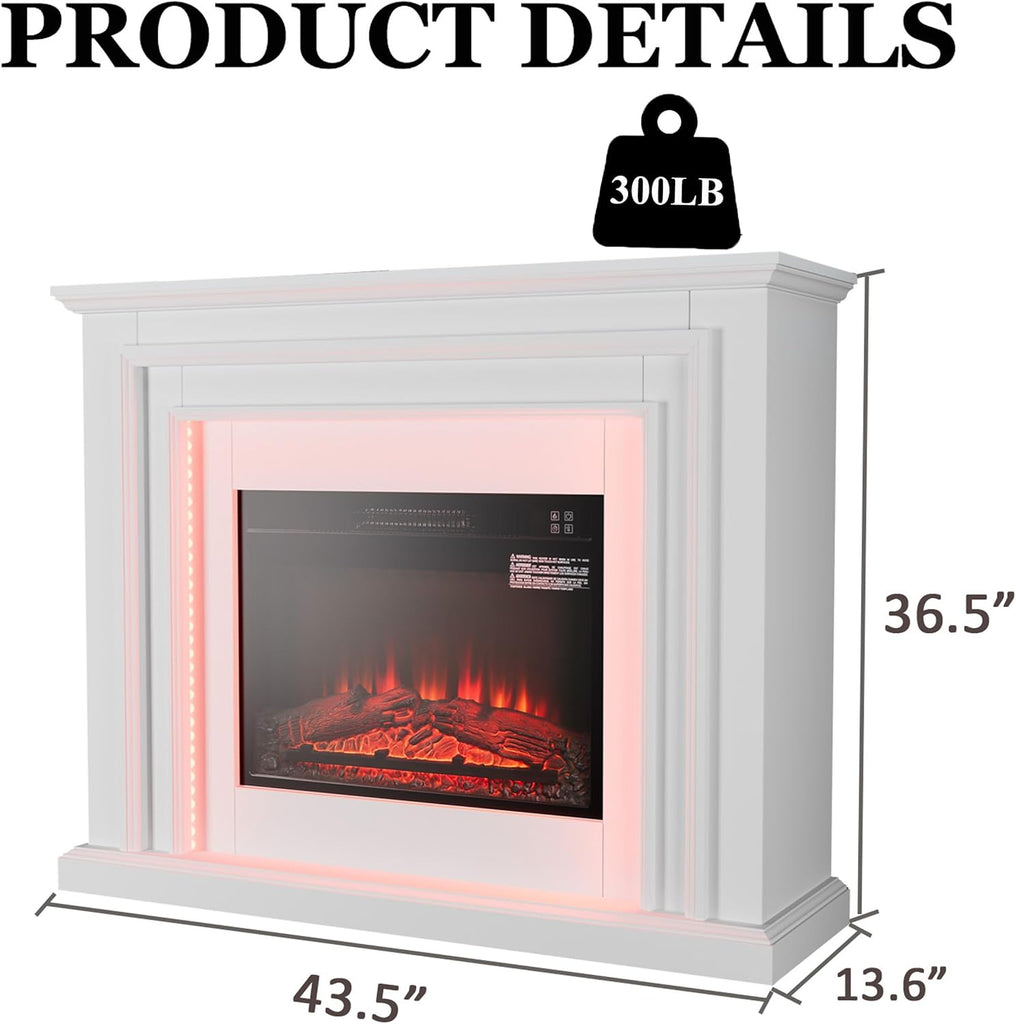 44" LED Lights Electric Fireplace with Mantel, Freestanding Entertainment Center Tv Stand with Fire Place Insert for Living Room, White