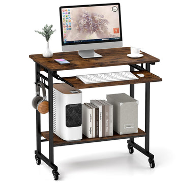 Rolling Computer Desk Cart with Keyboard Tray, Mobile Portable Laptop PC Desk with CPU Stand & 3 Hooks for Sofa &