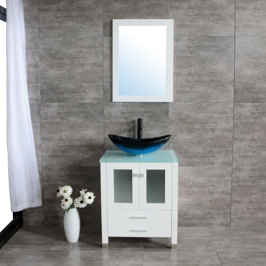 24" Bathroom Vanity Tempered Glass Vessel Sink Combo Cabinet Countertop Sink Bowl w/Mirror Set (Blue Oval)