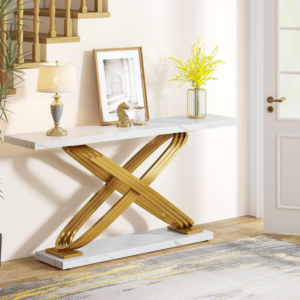 55 Inch Modern Console Table, Gold Entryway Table Behind Sofa Couch, Narrow Rectangular Sofa Table , Front Hall