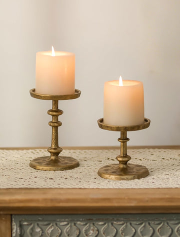 Gold Candle Holders for Pillar: Antique Brass Cast Iron Candle Stand | Handcrafted Hammered Decor for 3 Inch Pillars